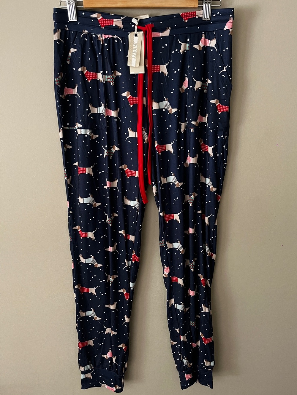 Navy Dachshund Print Pajama Pants with Red Drawstring